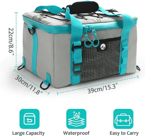 Belro adventure-ready paddleboard cooler deck bag shown on a paddleboard, designed for outdoor water sports with insulated storage.