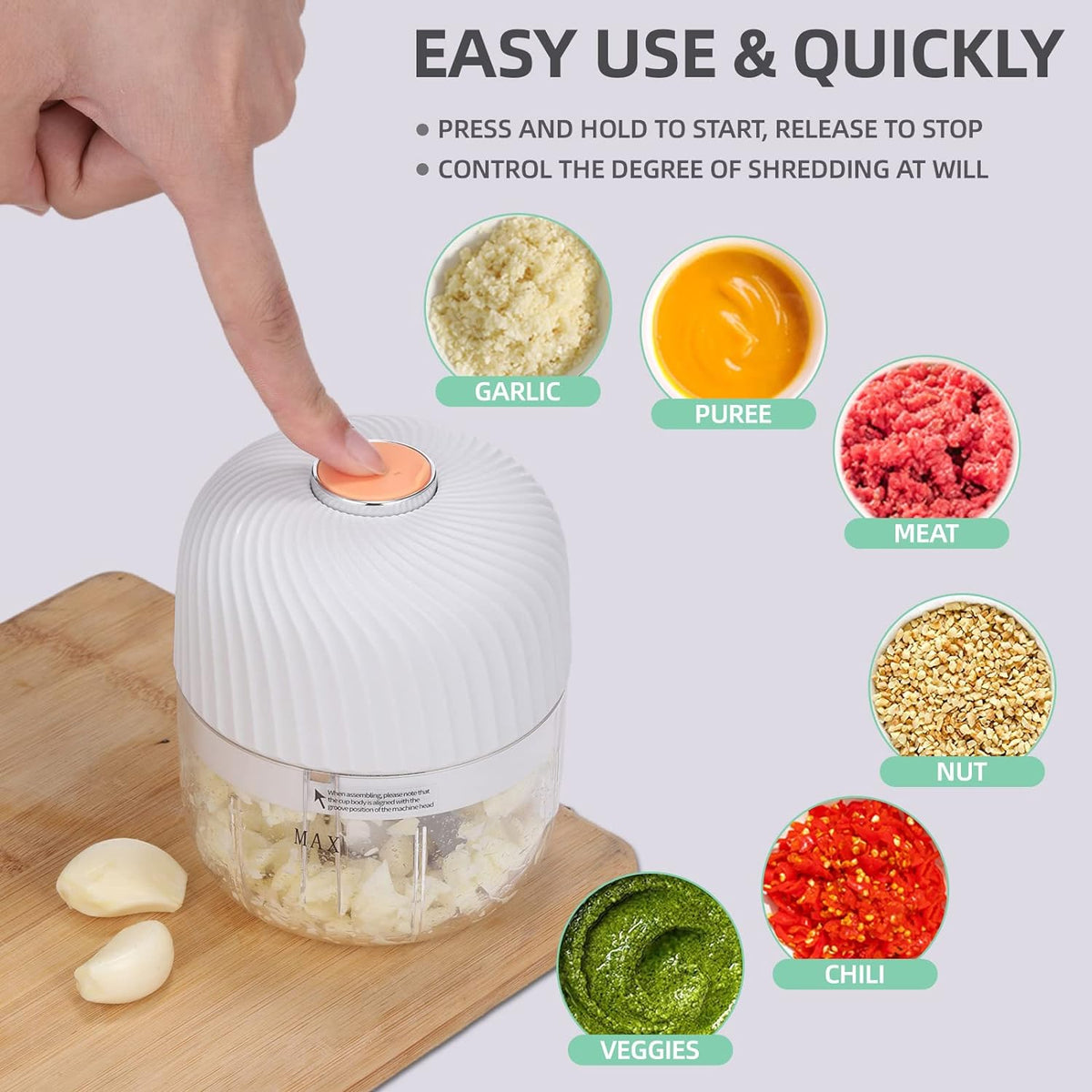 Belro electric garlic, onion, and chili chopper with stainless steel blades for quick, easy food prep in the kitchen.