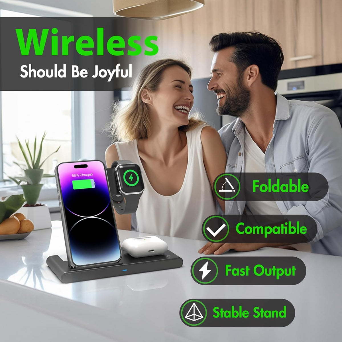 Belro 3-in-1 wireless fast charger stand for iPhone, Apple Watch, and AirPods, with sleek design and multiple charging pads.