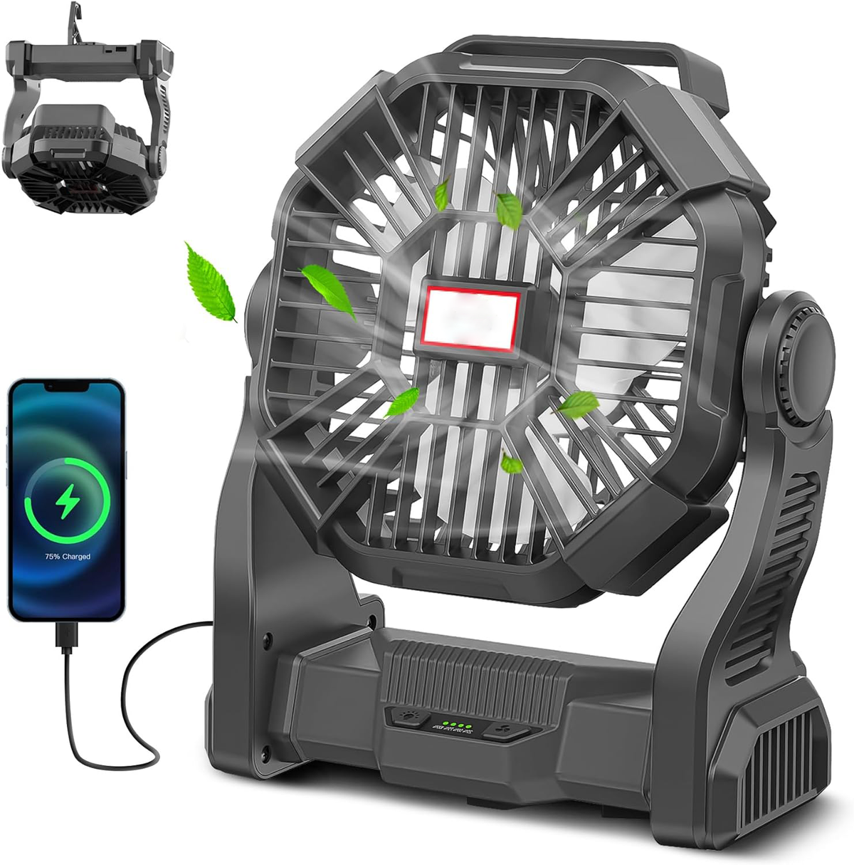 Belro portable rechargeable camping fan with LED lantern, compact and lightweight for outdoor camping and emergency lighting.