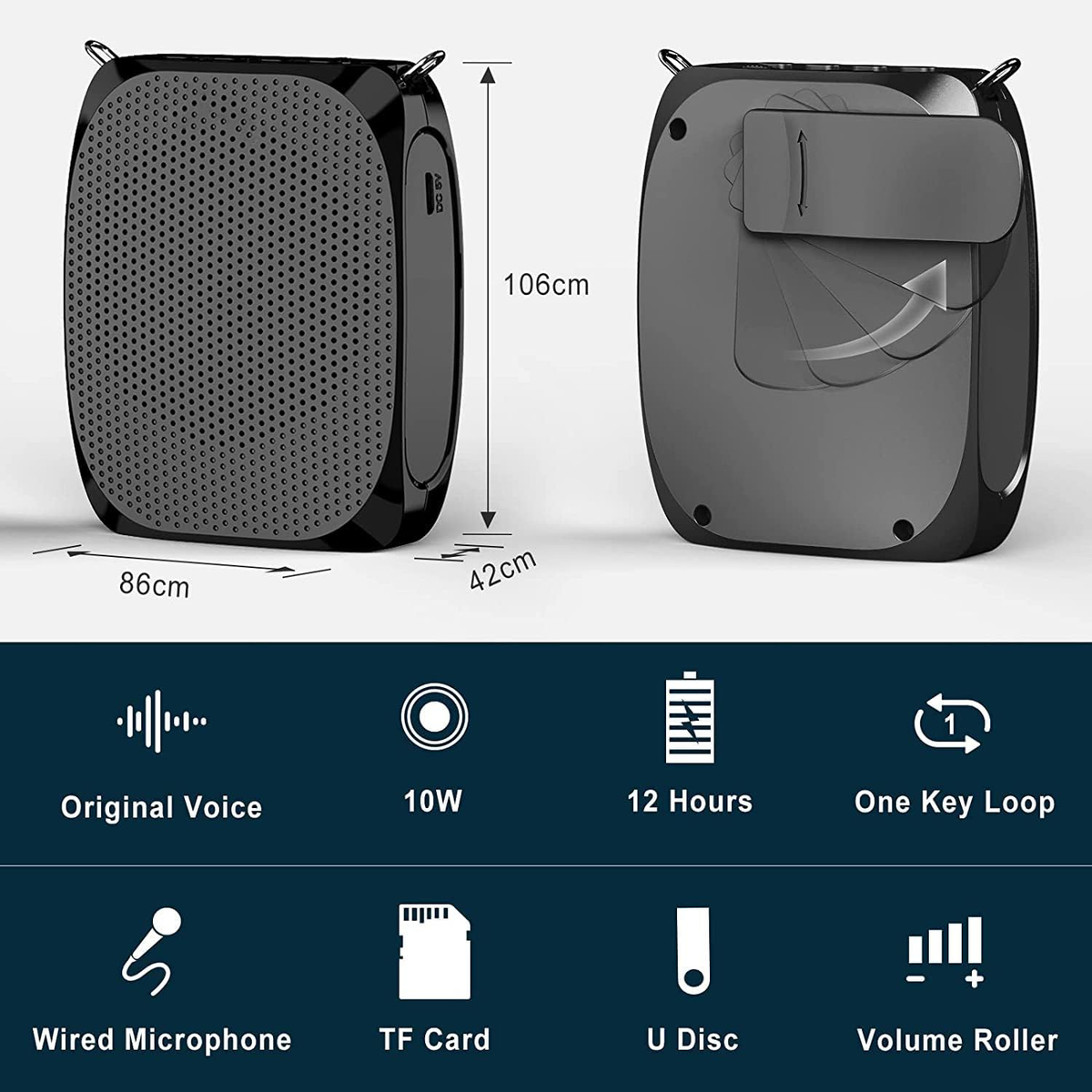 Belro personal voice amplifier for teachers and elderly, compact electronic audio device with microphone, lightweight design.