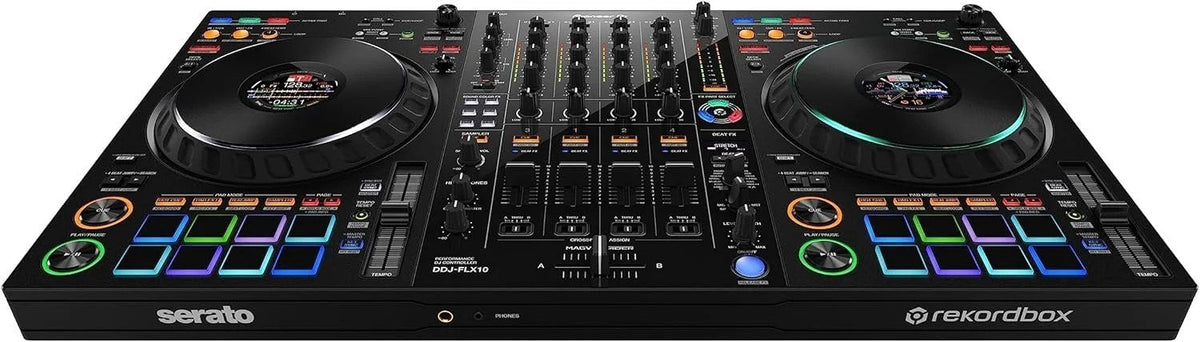 Pioneer DJ DDJ-FLX10 4-channel DJ controller with jog wheels, mixer, and control buttons for professional DJ setup.