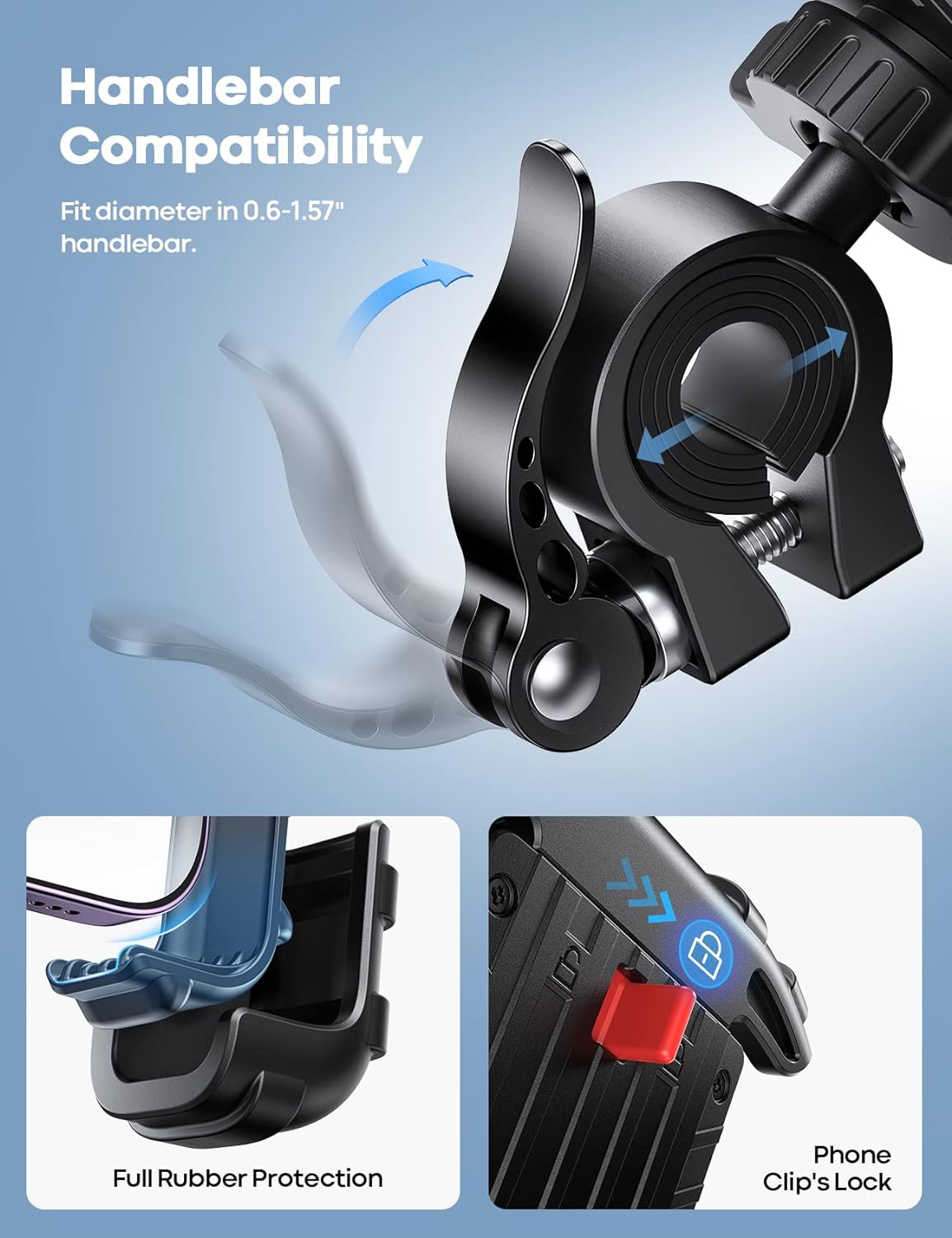 Belro motorcycle phone mount attached to handlebar, securely holding a smartphone for easy access while riding.