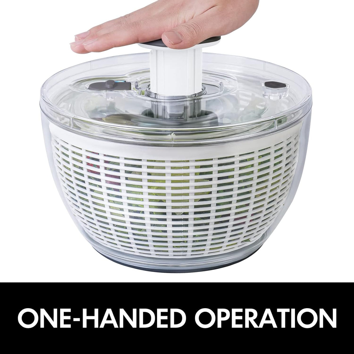 Belro large one-handed lettuce salad spinner in white, with a handle for easy rinsing and drying of fresh greens.