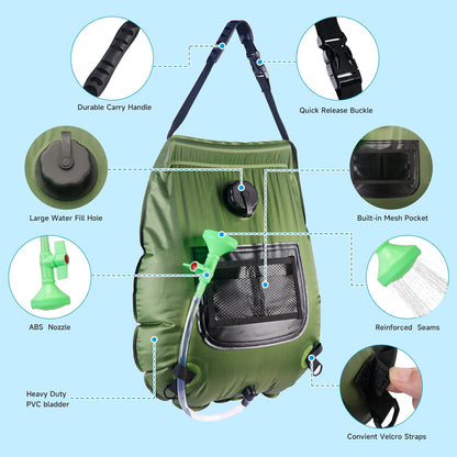 Belro portable outdoor shower bag for camping, with flexible hose and showerhead, ideal for outdoor camping and gardening use.