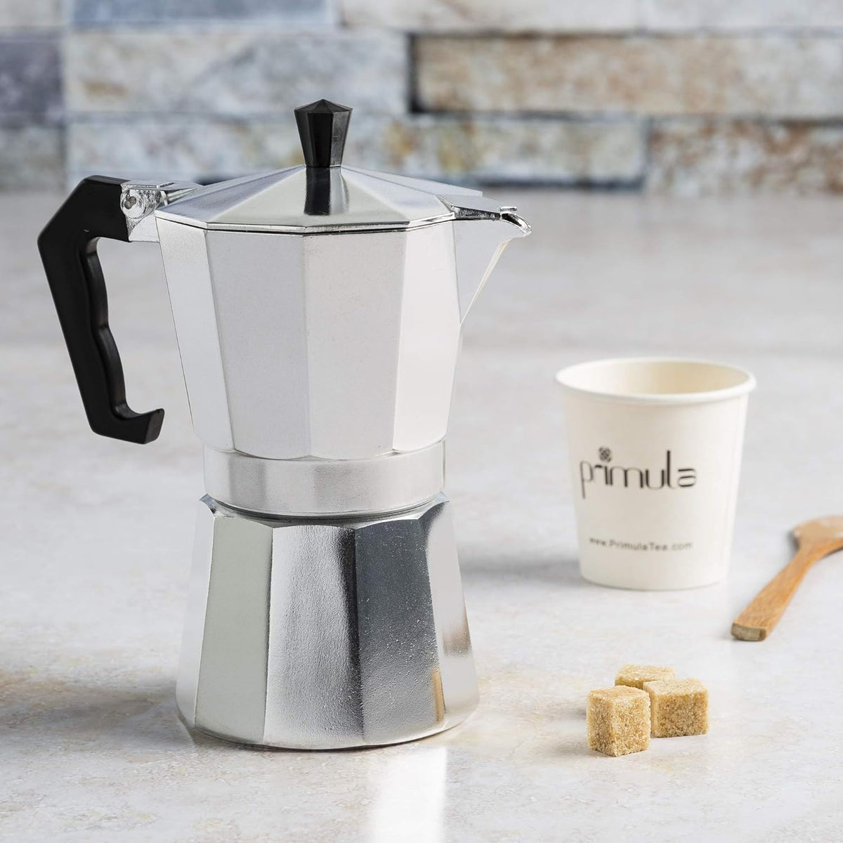 Belro classic stovetop espresso and coffee maker, Moka pot for Italian and Cuban café brewing, with shiny metal finish.