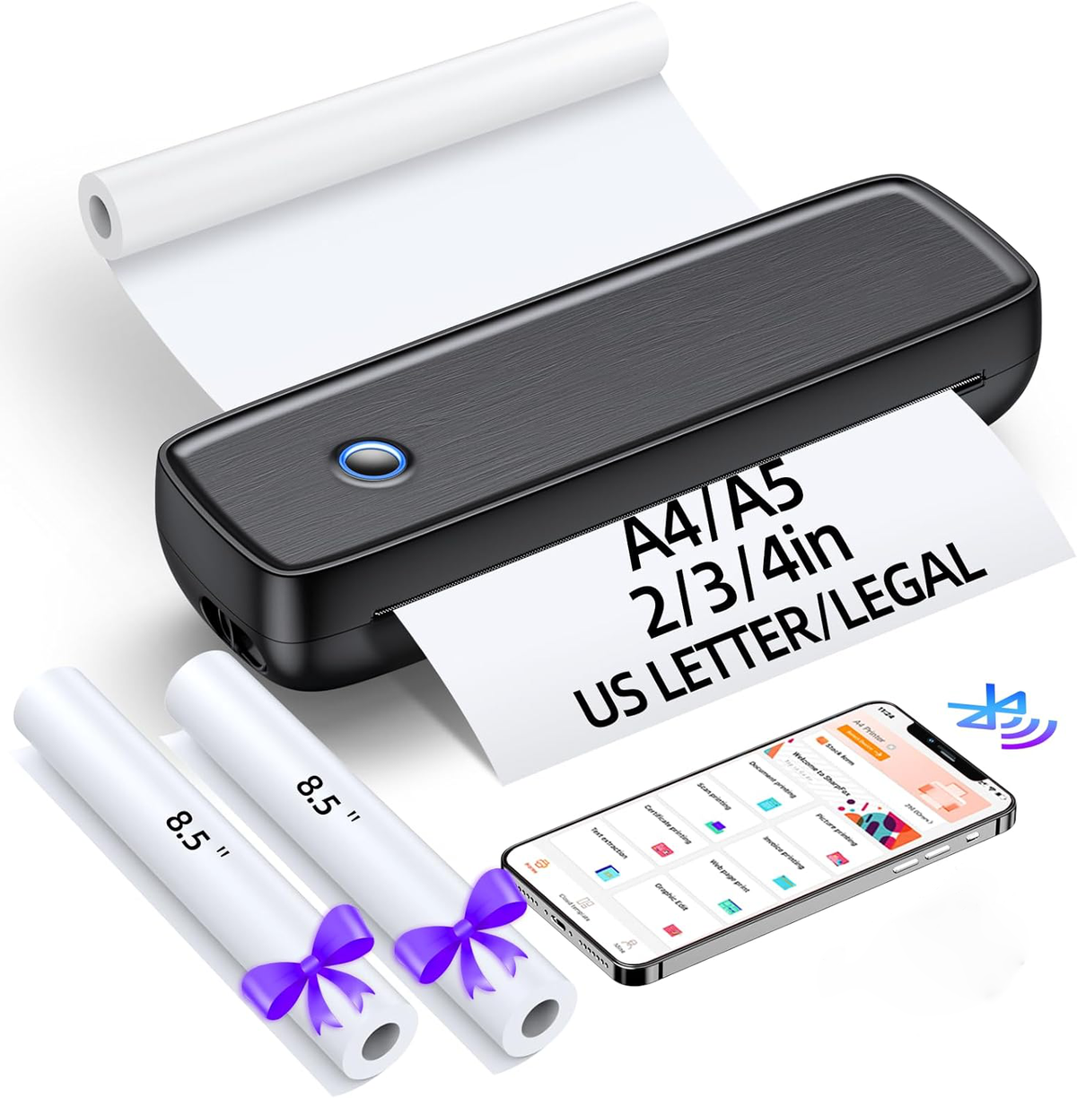 Belro wireless portable inkless thermal printer showing compact design and paper output in a modern electronics setting.