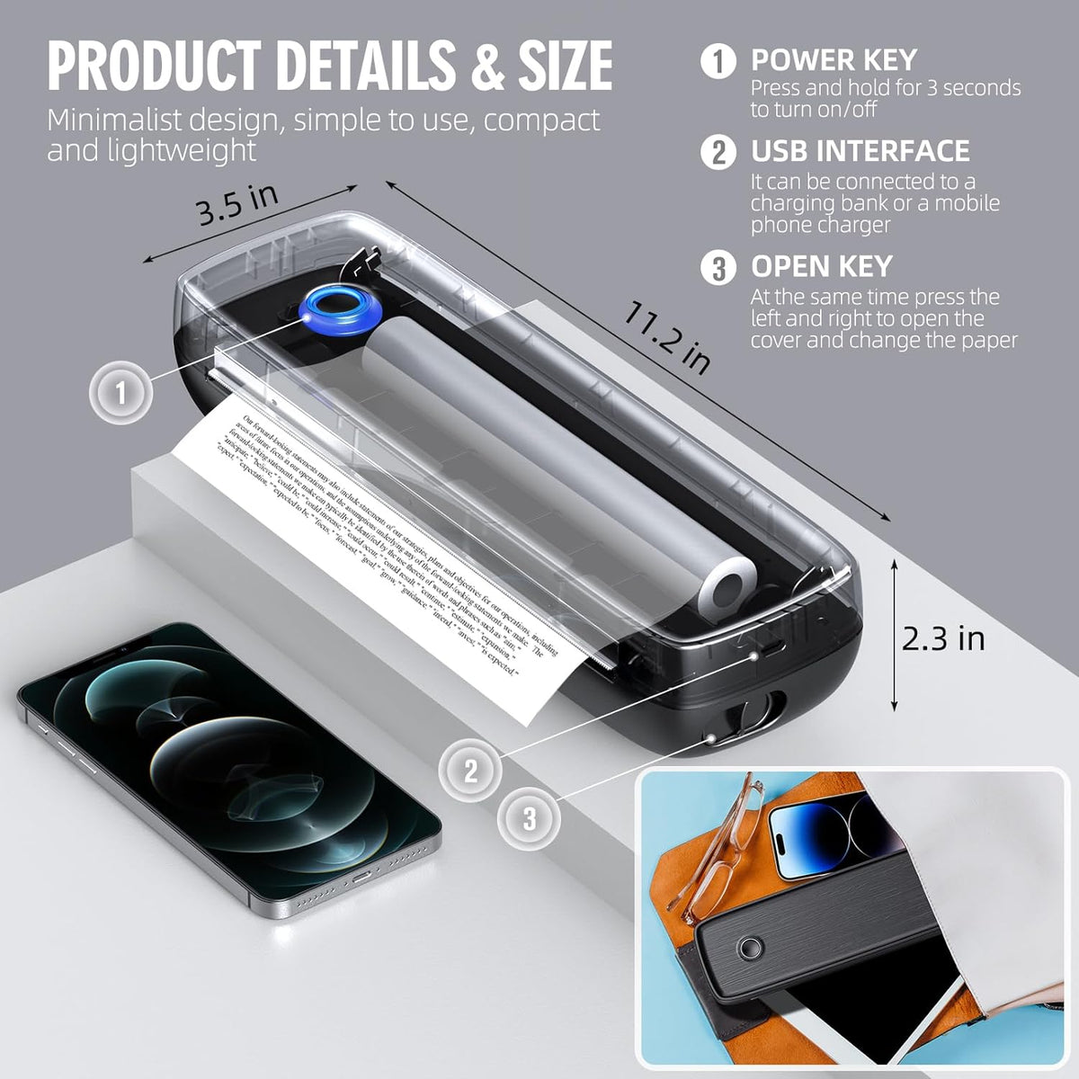 Belro wireless portable inkless thermal printer showing compact design and thermal paper output in a sleek electronic device.