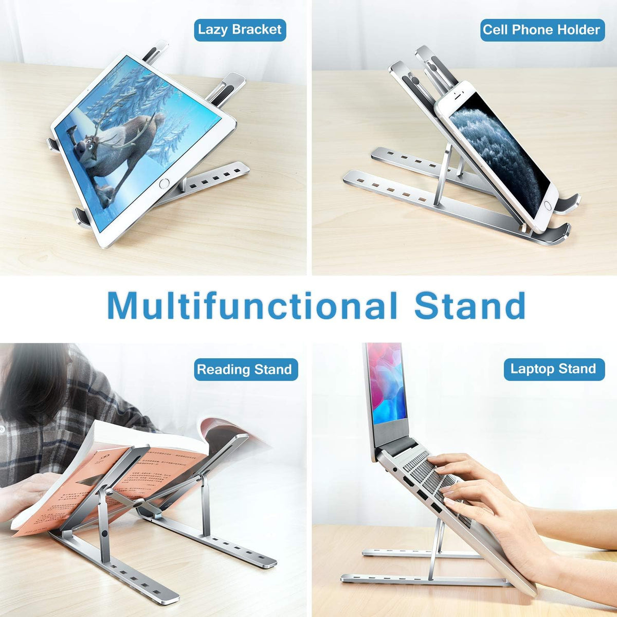 Belro foldable portable laptop stand for electronics and computers, showing adjustable design and lightweight construction.
