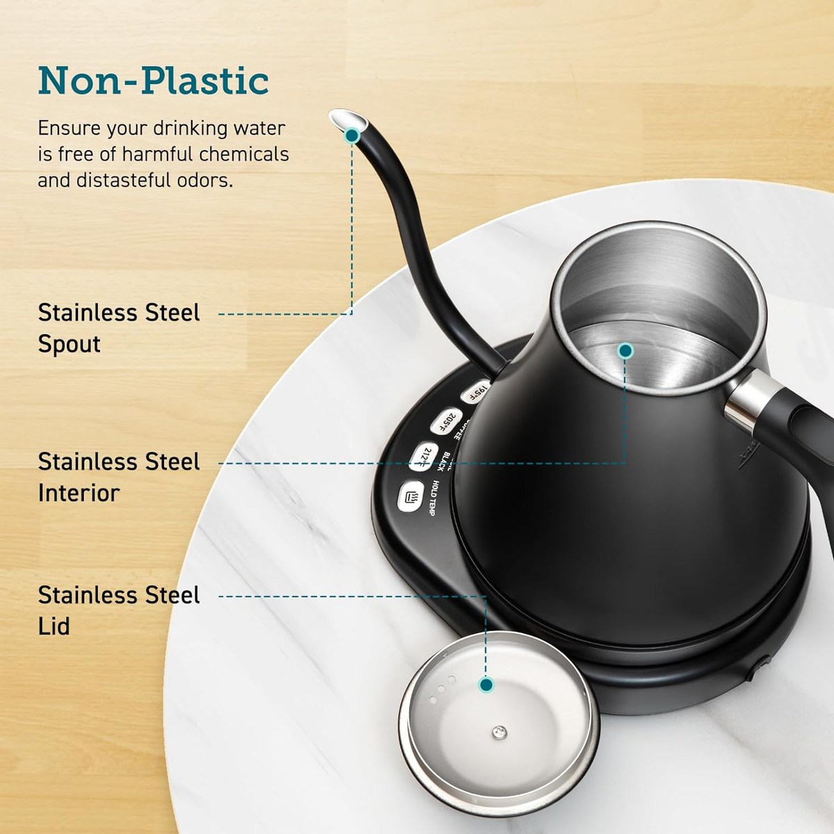 Belro electric gooseneck kettle with sleek stainless steel design, digital temperature control, and ergonomic handle.