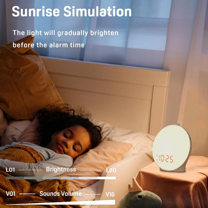 Belro Sunrise Alarm Clock with digital display, sleek design, and adjustable brightness for home decor and wake-up routines.