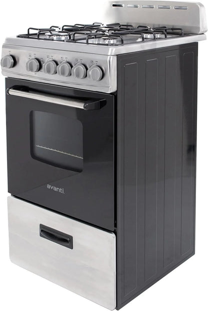 Casavibeo Avanti GR2013CSS 20-inch freestanding gas range with four burners and oven, stainless steel finish.