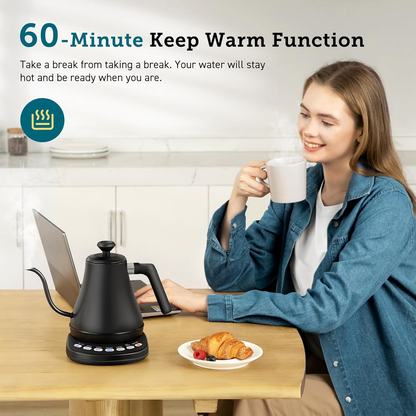 Belro electric gooseneck kettle with a sleek black finish, featuring a curved spout and ergonomic handle for precise pouring.