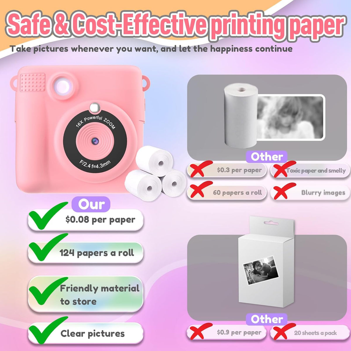 Belro digital instant print portable camera for kids, compact electronic camera with colorful design and built-in printing feature.