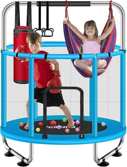 Casavibeo 55-inch kids trampoline with enclosure, adjustable gymnastics bar, toys, suitable for indoor and outdoor use.