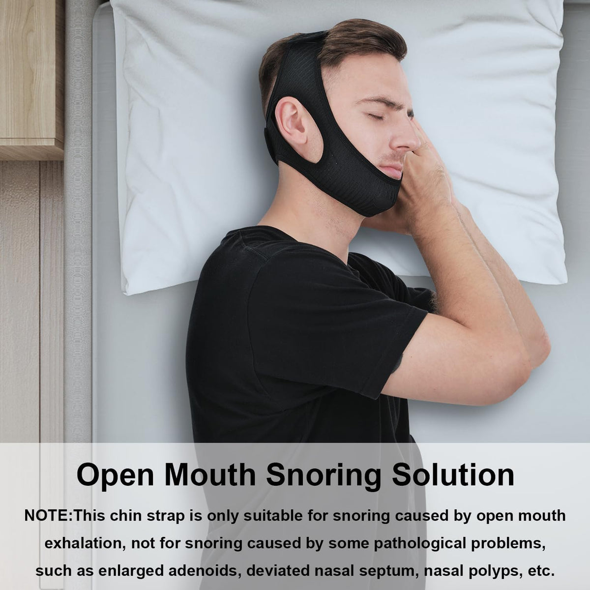 Belro anti-snoring chin strap for sleep apnea, adjustable sleep aid accessory, shown in black on a neutral background.