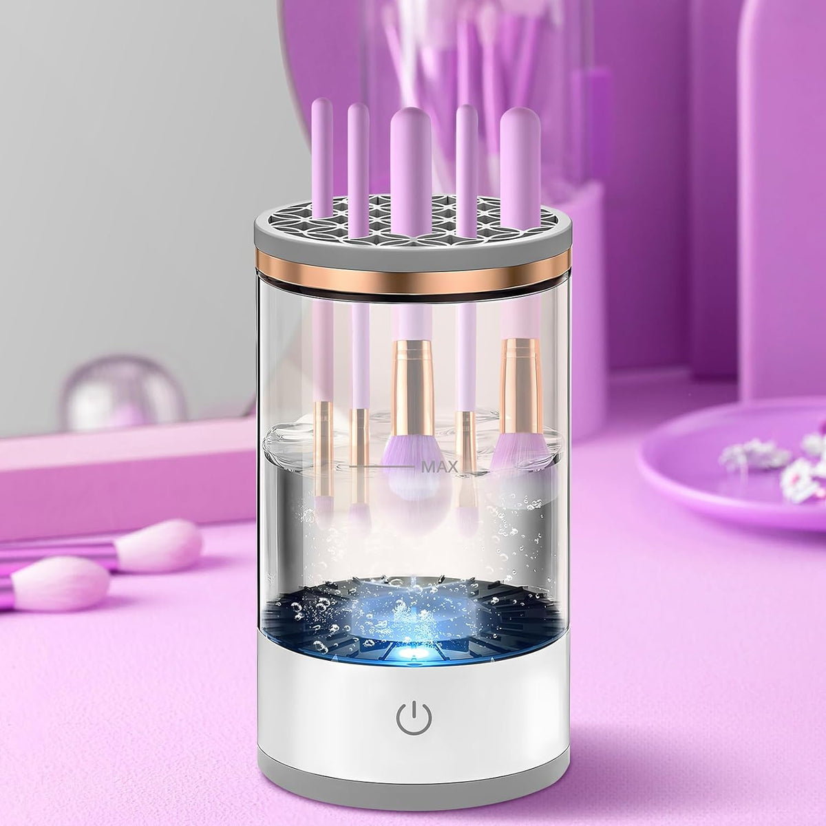 Belro makeup brush cleaner in a clear bottle with a white pump, used for cleaning and maintaining makeup brushes.