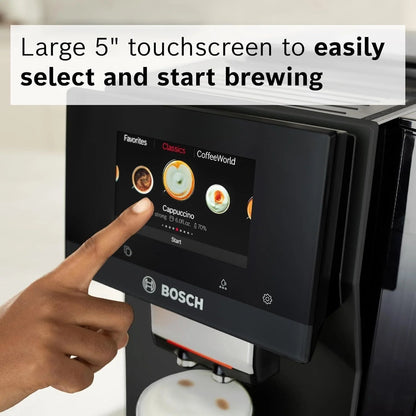Bosch 800 Series VeroCafe fully automatic espresso machine with stainless steel finish and digital control panel.