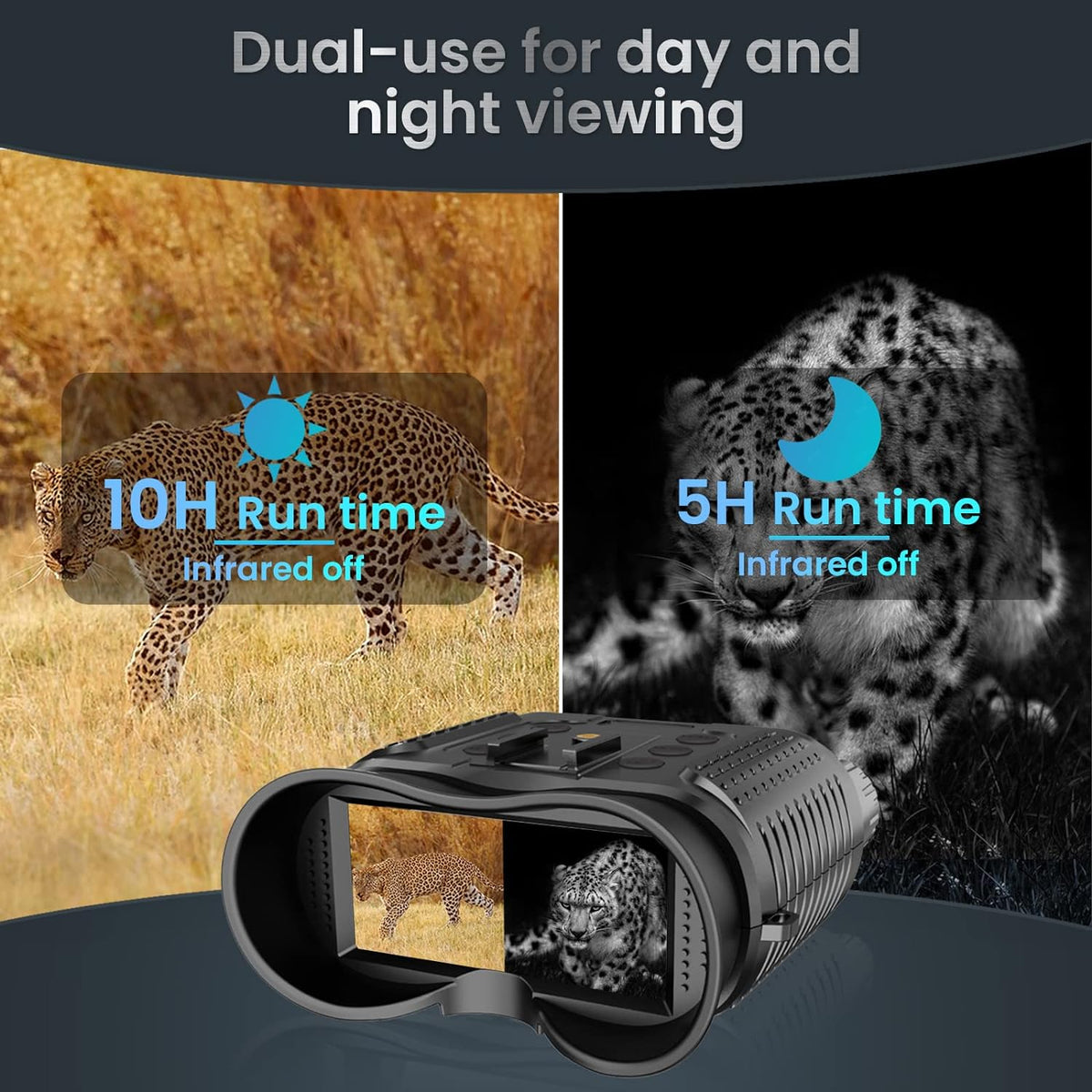 Belro 3D night vision goggles binoculars with digital camera features, black, showing lenses and control buttons