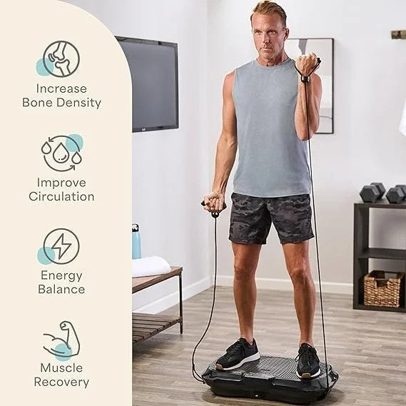Casavibeo Lifepro Waver vibration plate exercise machine with loop bands for full-body workout, muscle activation, and lymphatic drainage.