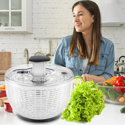 Belro large one-handed lettuce salad spinner with clear bowl and lid, designed for efficient washing and drying of leafy greens.