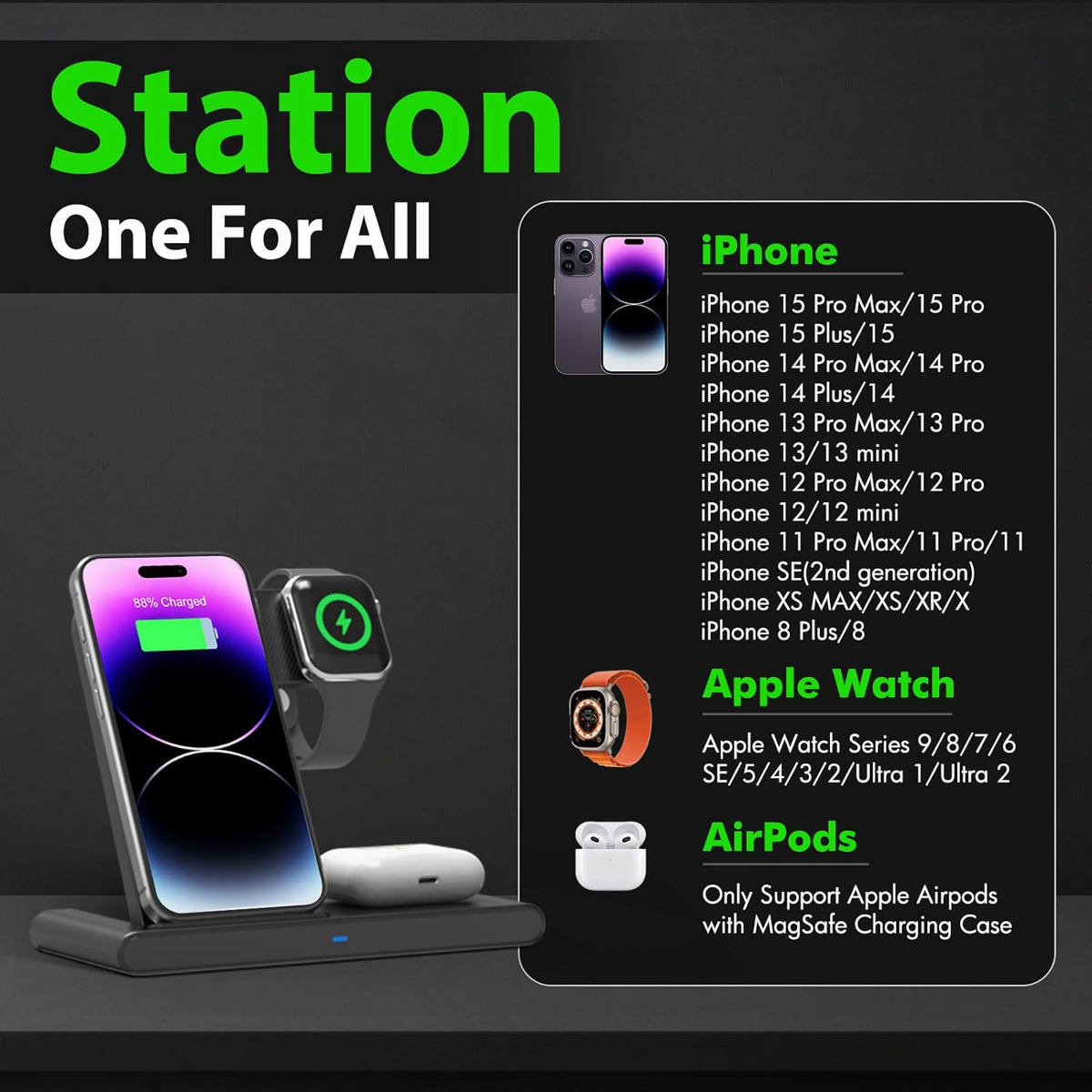 Belro 3-in-1 wireless fast charger stand with iPhone, Apple Watch, and AirPods charging pads on a sleek black stand.