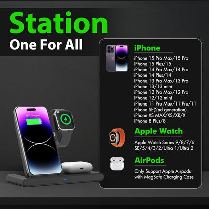 Belro 3-in-1 wireless fast charger stand with iPhone, Apple Watch, and AirPods charging pads on a sleek black stand.