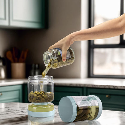 Belro glass pickle separator jar for kitchen and dining, featuring a clear design with a lid and drainage feature for pickles.
