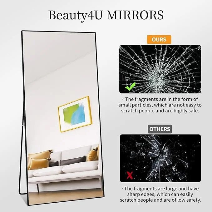 Casavibeo Beauty4U 71-inch full-length mirror with stand, black, HD tempered glass, suitable for bedroom decor and outfit checks