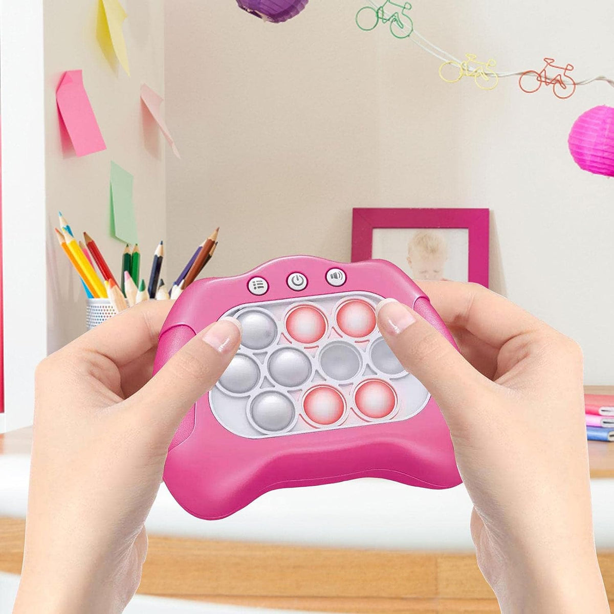 Belro Rapid Pop Light Up Fidget Bubble Game Console with colorful LED lights and responsive buttons for stress relief and fun.
