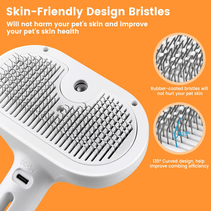 Belro Cat and Dog Steam Brush for pet grooming, showing the handheld device with steam nozzle and bristle attachments.
