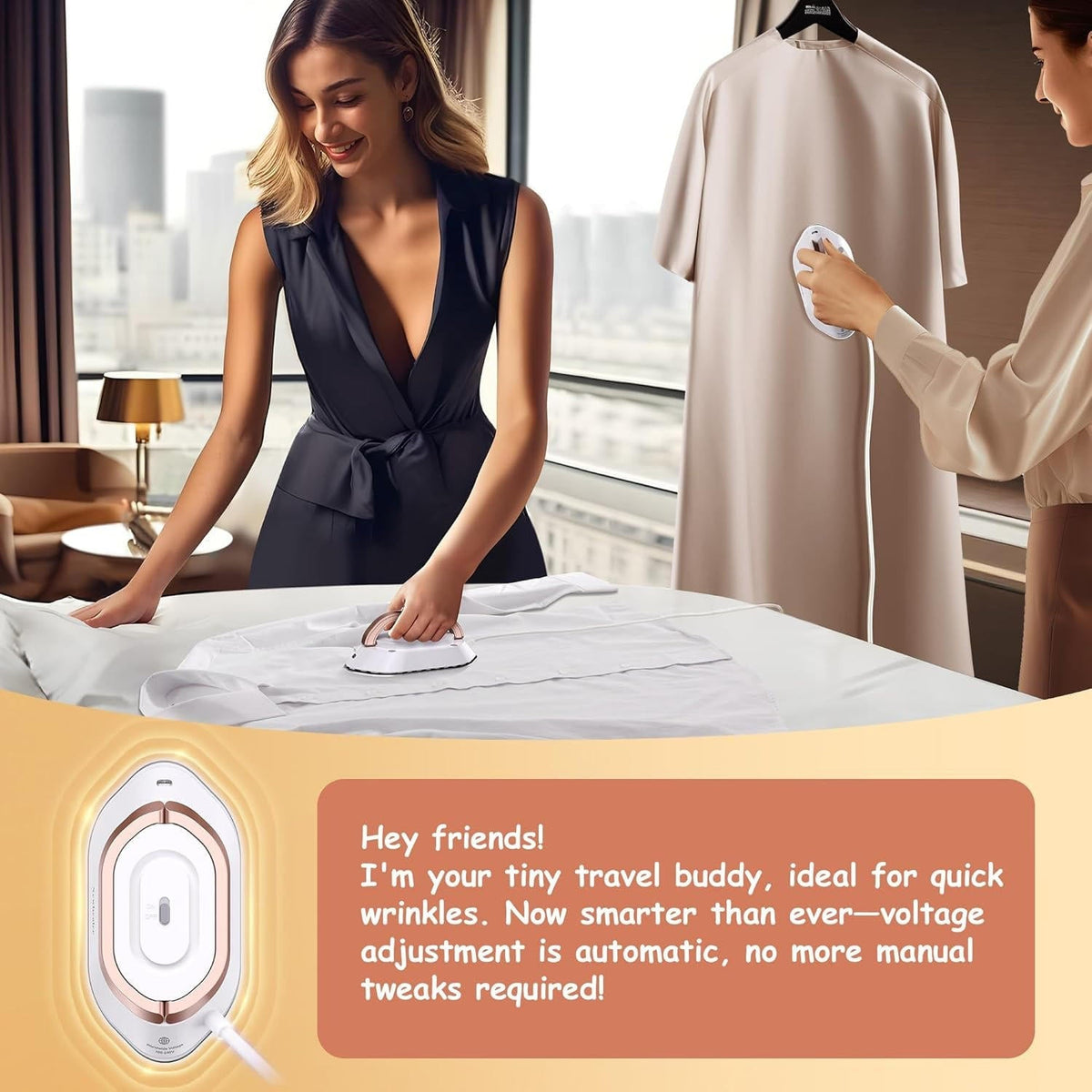 Belro portable travel iron with a compact design, suitable for home and outdoor use, featuring a sleek white and black exterior.