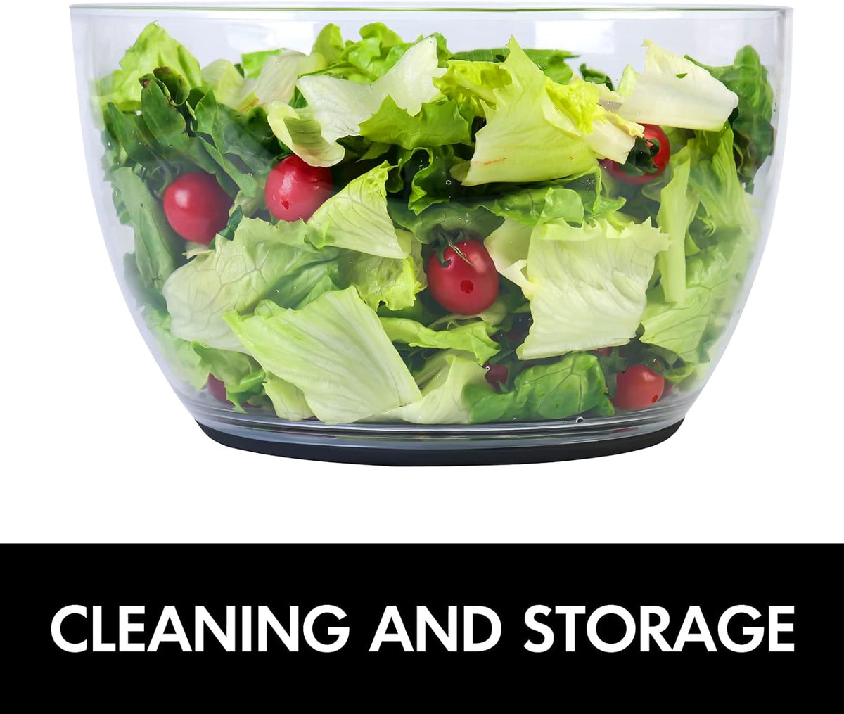 Large one-handed lettuce salad spinner by Belro with a clear plastic bowl and green lid, designed for easy kitchen use.