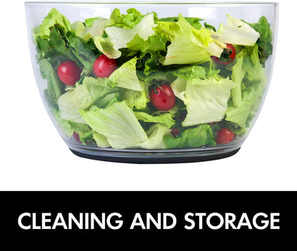 Large one-handed lettuce salad spinner by Belro with a clear plastic bowl and green lid, designed for easy kitchen use.
