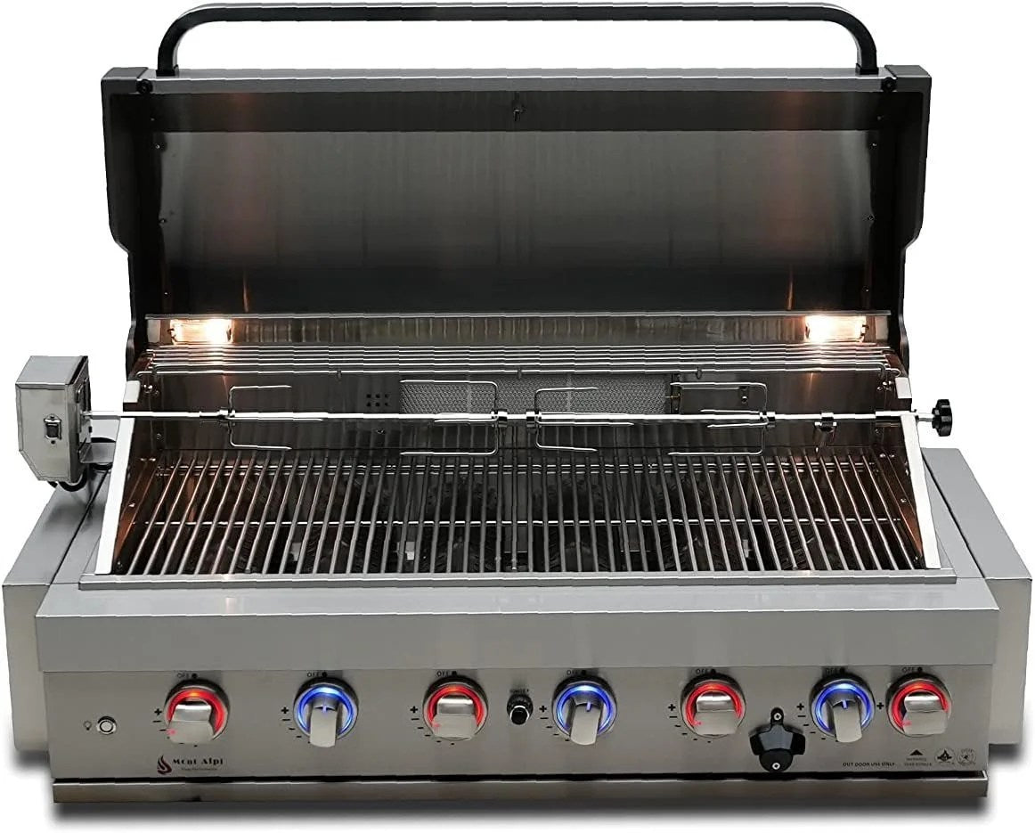 Casavibeo Mont Alpi 805 built-in gas grill with stainless steel burners and cooking grates, ready for outdoor grilling.