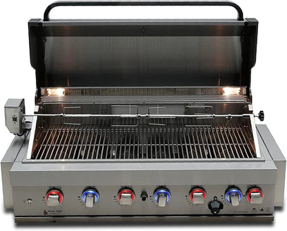 Casavibeo Mont Alpi 805 built-in gas grill with stainless steel burners and cooking grates, ready for outdoor grilling.