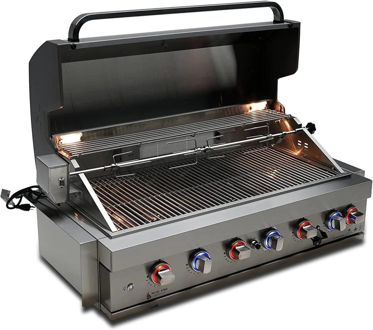 Casavibeo Mont Alpi 805 built-in gas grill with stainless steel burners and multiple cooking grates for outdoor grilling.