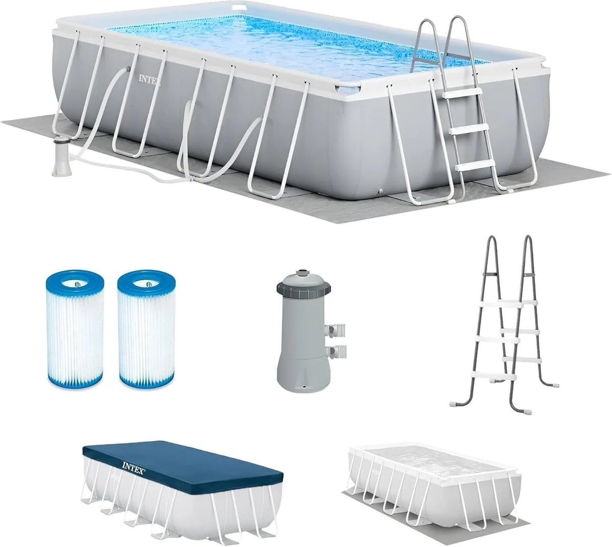 Casavibeo Intex Prism Frame 16x8x42-inch rectangular above ground pool set with metal frame and clear water.