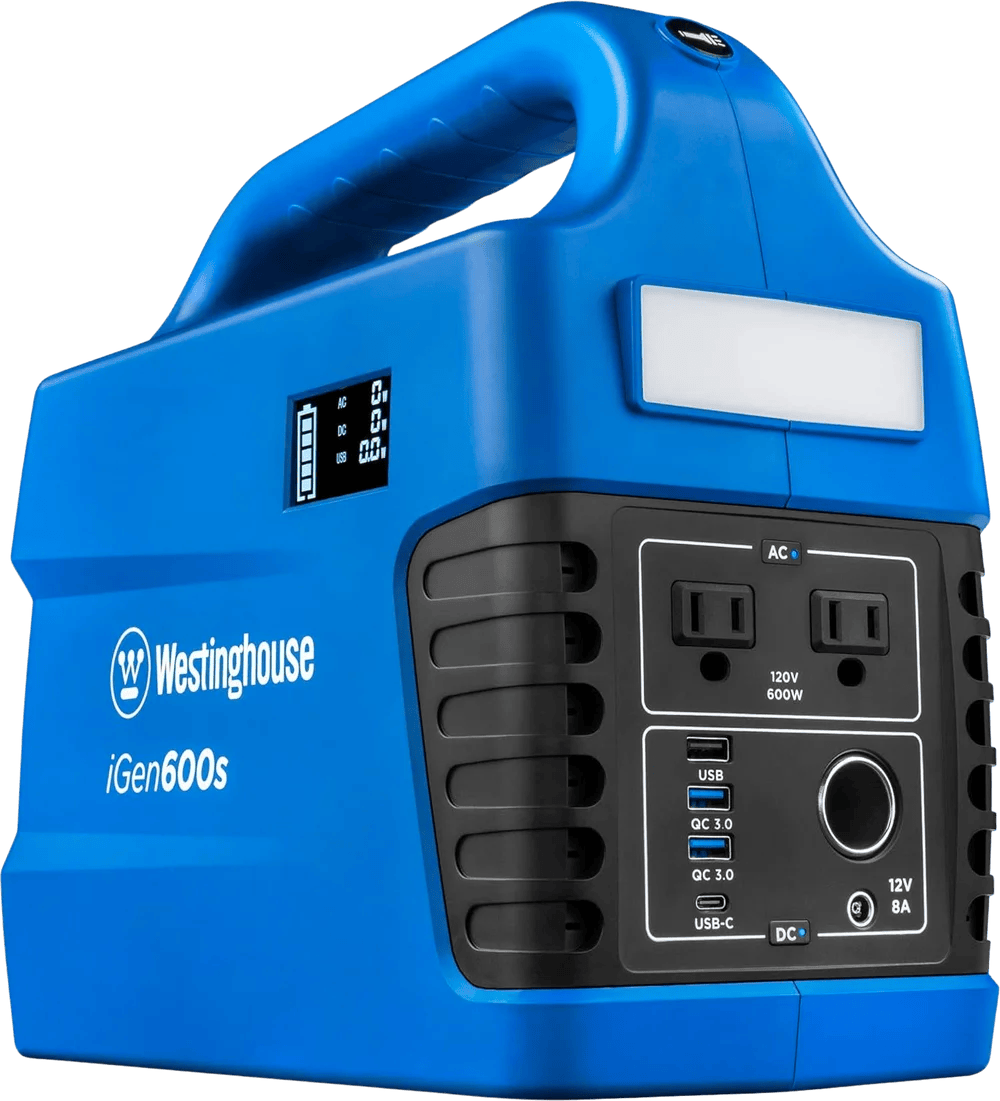Westinghouse iGen600s portable power station with 600W output and 592Wh capacity, featuring multiple outlets and a compact design.