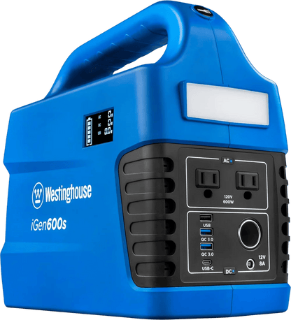 Westinghouse iGen600s portable power station with 600W output and 592Wh capacity, featuring multiple outlets and a compact design.