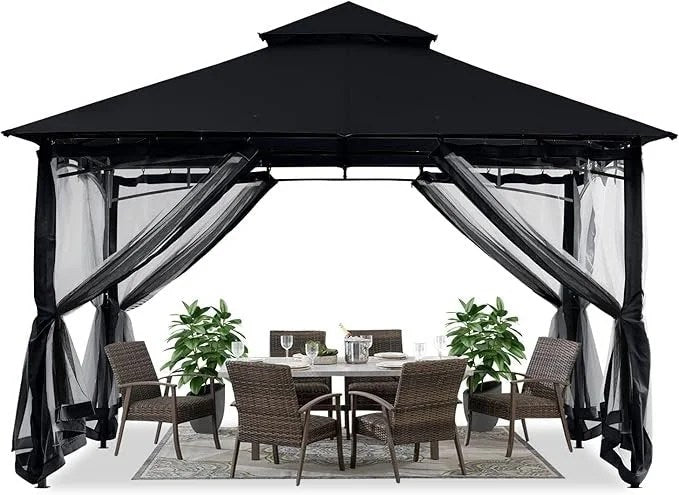 Casavibeo 10x12 outdoor steel frame gazebo with mosquito netting, ideal for patios, lawns, gardens, and backyard decks in black.