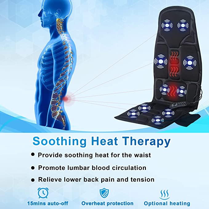 Belro premium massage chair pad on car seat, showing ergonomic design and built-in massage rollers for relaxing therapy.