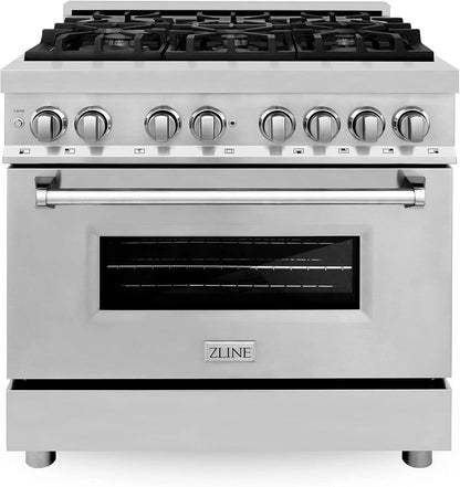 Casavibeo ZLINE 36-inch dual fuel range with stainless steel finish, featuring four burners and oven controls.
