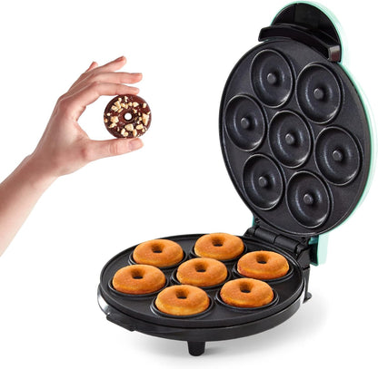 Belro mini donut maker machine for home and kitchen use, shown on a white countertop with freshly made mini donuts.