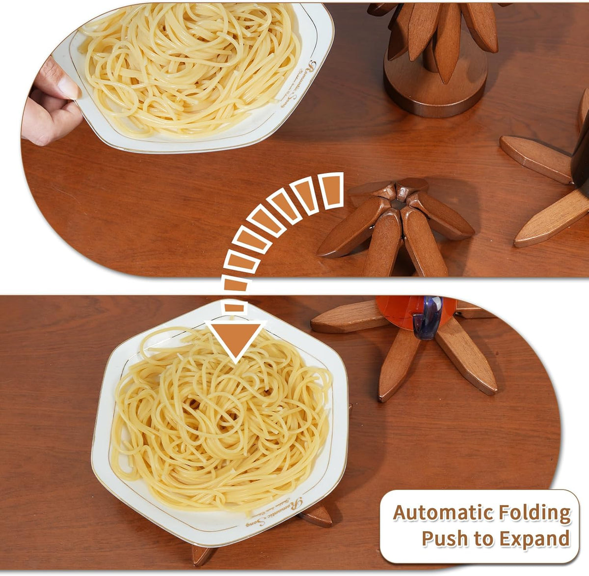 Belro wooden trivets for hot dishes, natural wood with slatted design, perfect for protecting kitchen surfaces from heat.
