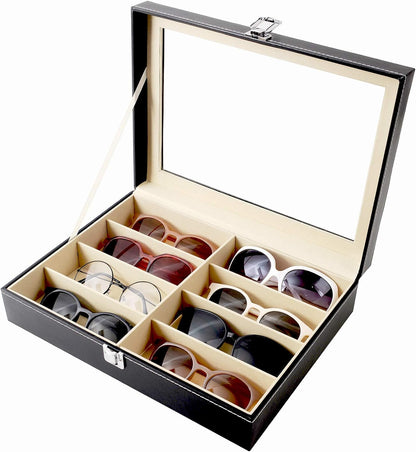 Belro sunglass organizer storage with multiple compartments for sunglasses and eyewear, keeping them neatly arranged and protected.
