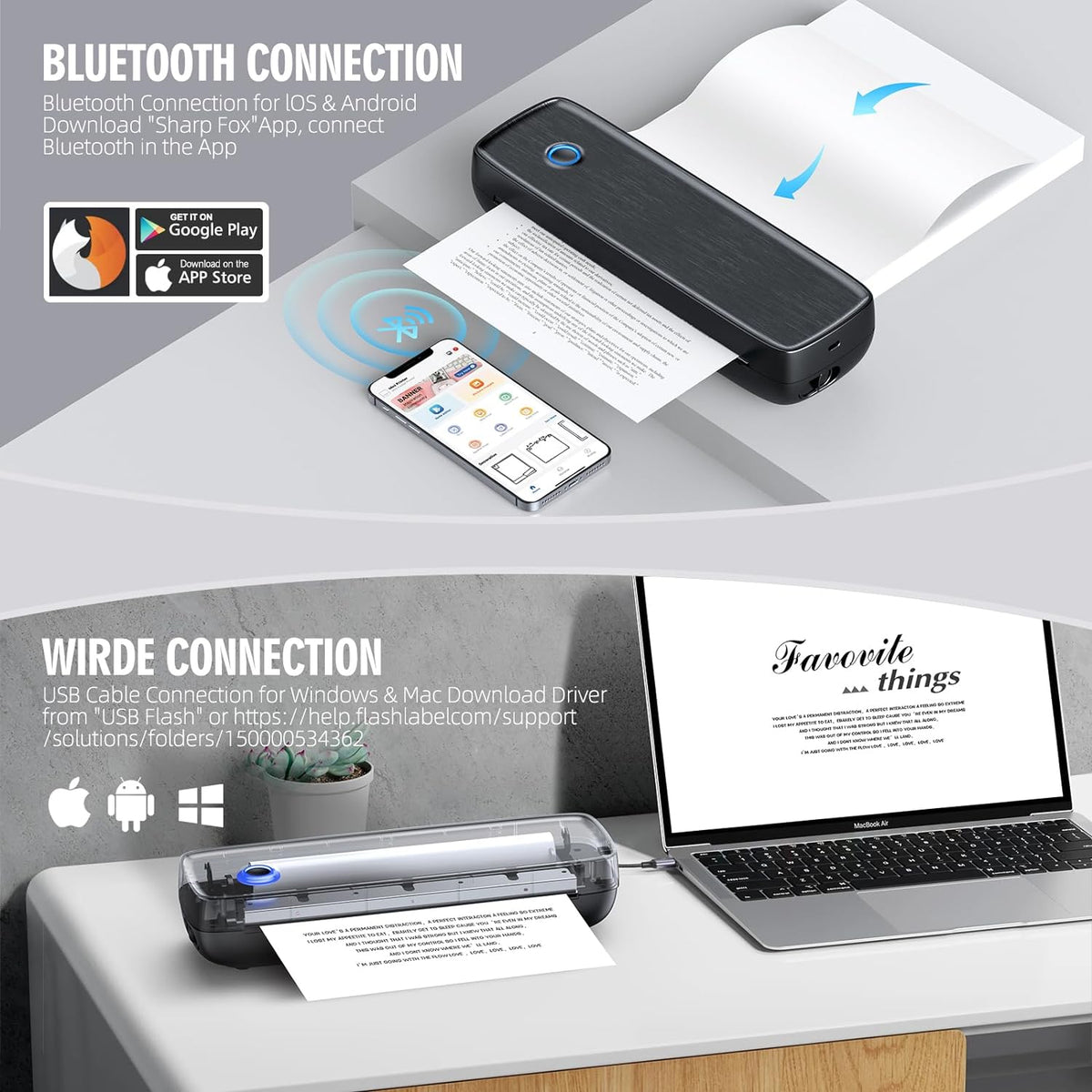 Belro wireless portable inkless thermal printer for electronics, showing compact design and printing surface.
