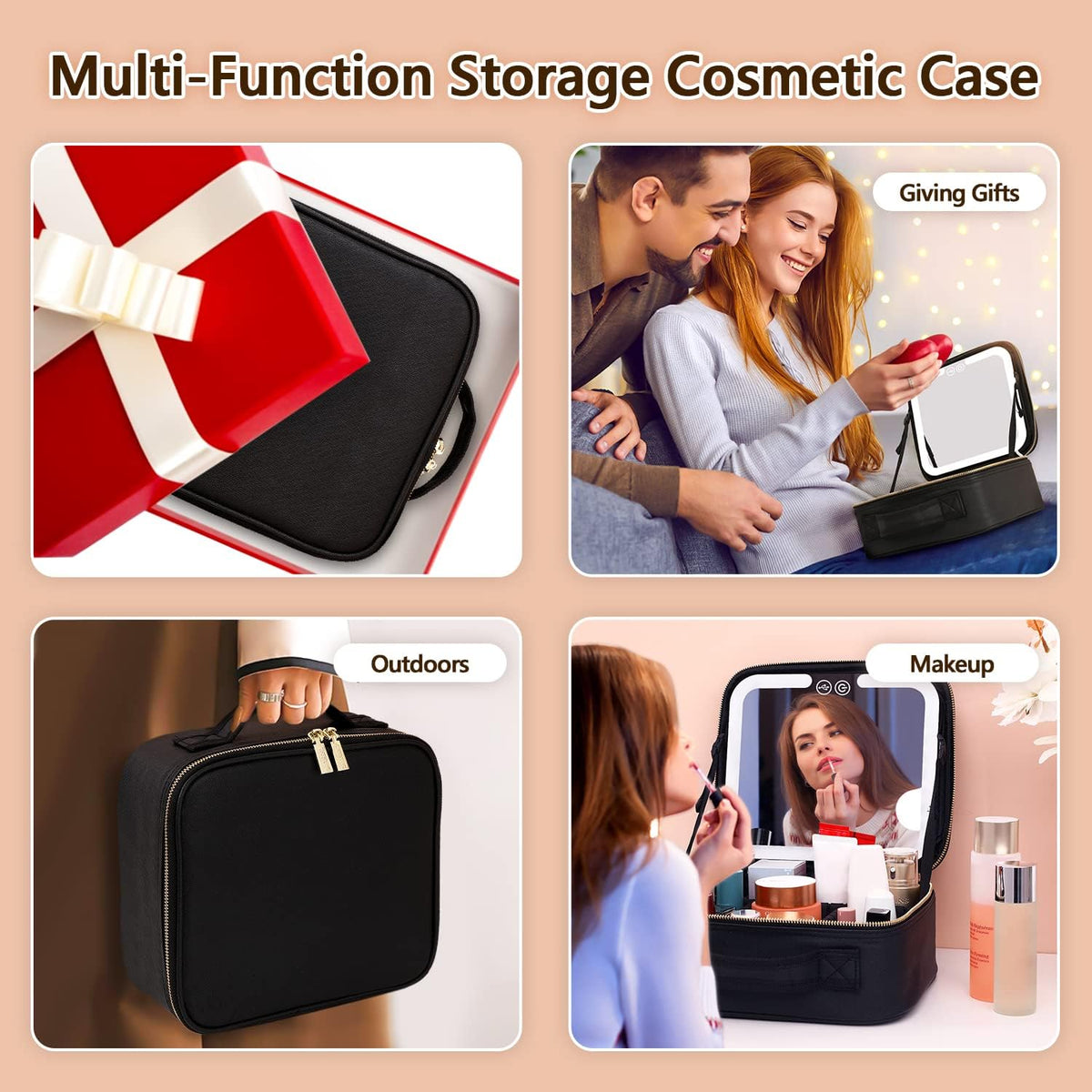 Belro makeup bag with built-in mirror and lights, stylish storage for cosmetics and beauty essentials.