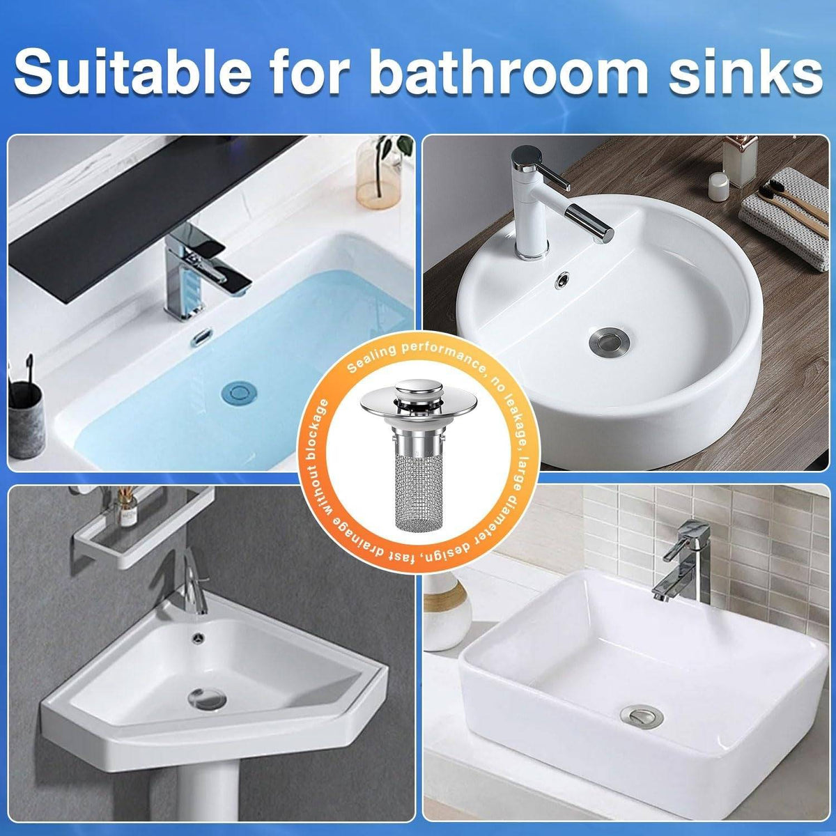 Belro bathroom sink drain stopper, tools and hardware accessory, showing a shiny metal plug for preventing water drainage.