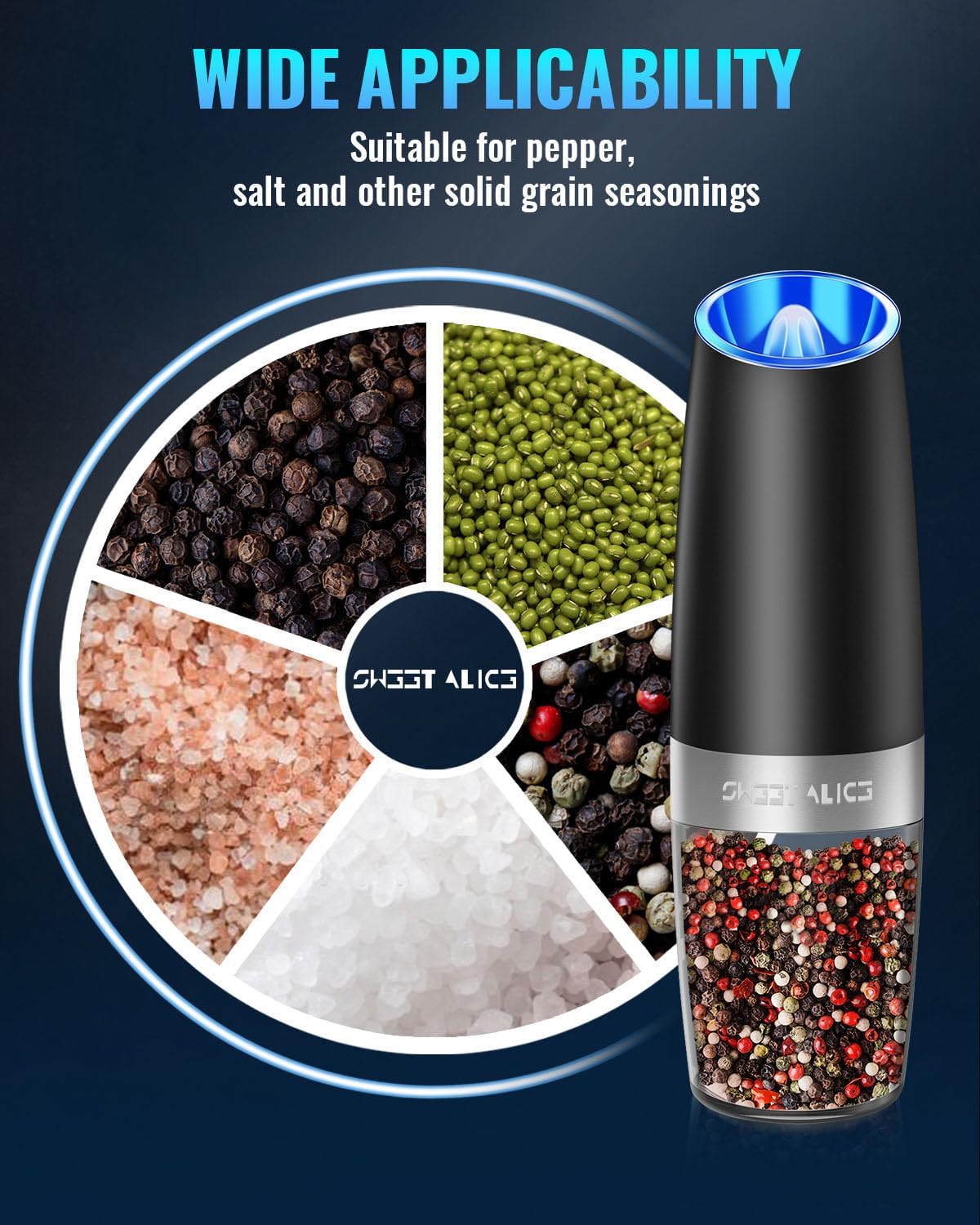 Belro electric salt and pepper grinder set with stainless steel accents, positioned on a kitchen countertop for fresh seasoning.